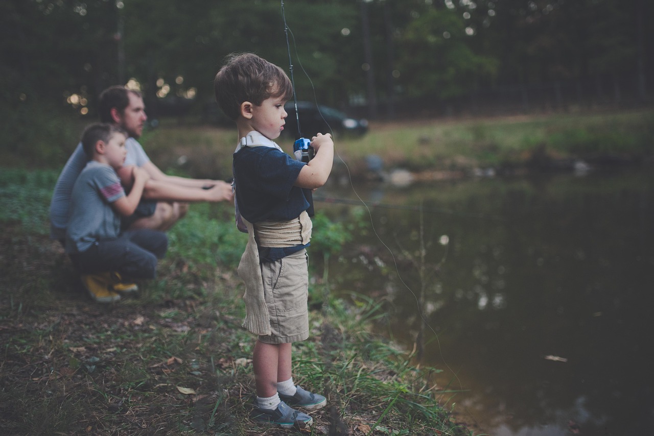 bonding, boy, children, enjoyment, father, fishing, fishing rod, fishing trip, fun, grass, happiness, lake, landscape, leisure, lifestyle, outdoors, park, nature, people, recreation, river, sons, teaching, experience, excursion